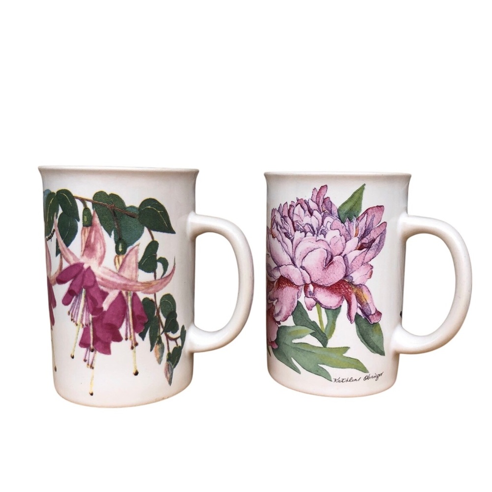 2 Vintage Potpourri Press Korea Made Pink Fuchsias & Peonies Flowers Coffee Mugs